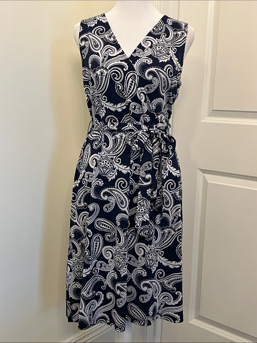 Navy Paisley Faux Wrap Dress Women's M